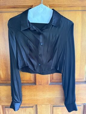 Bershka Satin Black Cropped Button-Down Shirt